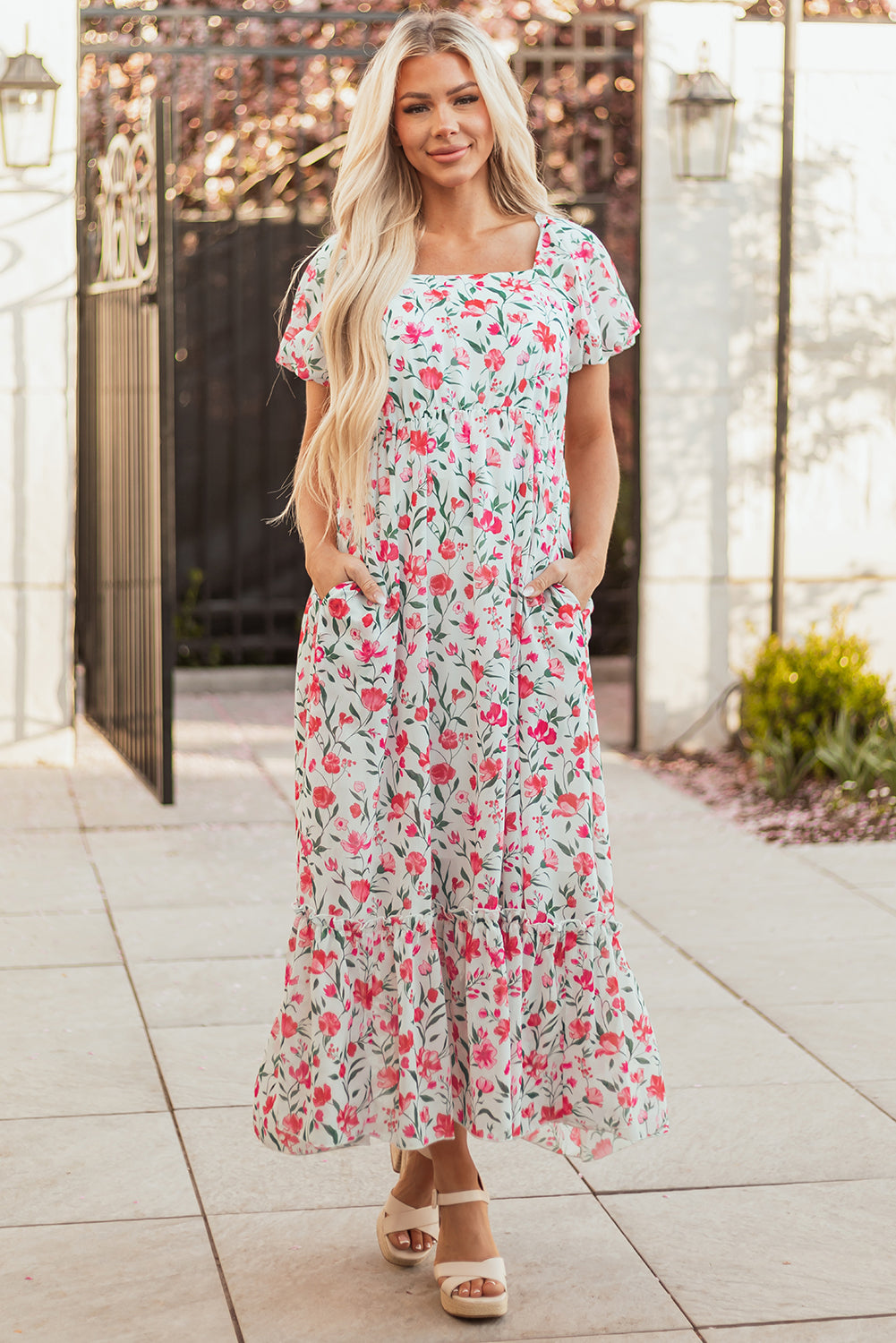 Pink Floral Puff Sleeve Square Neck Empire Waist Tiered Maxi Dress Floral Dresses JT's Designer Fashion