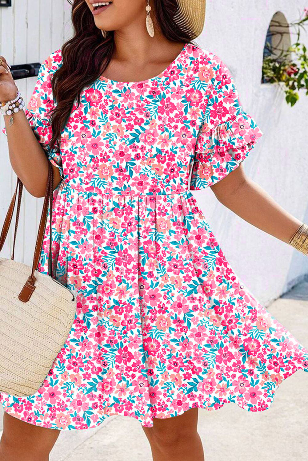 White Plus Size Floral Print Frilled Short Sleeve Flare Dress White 100%Polyester Plus Size Mini Dresses JT's Designer Fashion