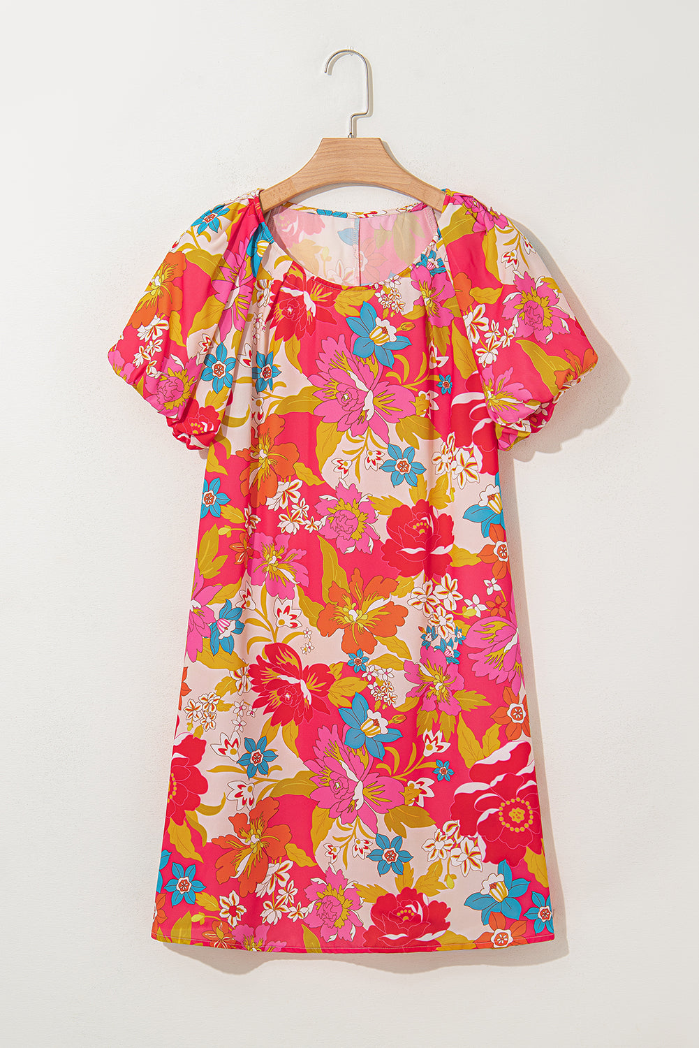 Pink Floral Print Bubble Short Sleeve Dress Floral Dresses JT's Designer Fashion