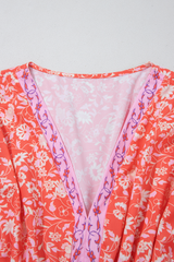 Red Floral Print Tasseled Tied Sleeve Empire Waist Maxi Dress Floral Dresses JT's Designer Fashion