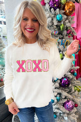 White XOXO Glitter Print Round Neck Casual Sweater Sweaters JT's Designer Fashion