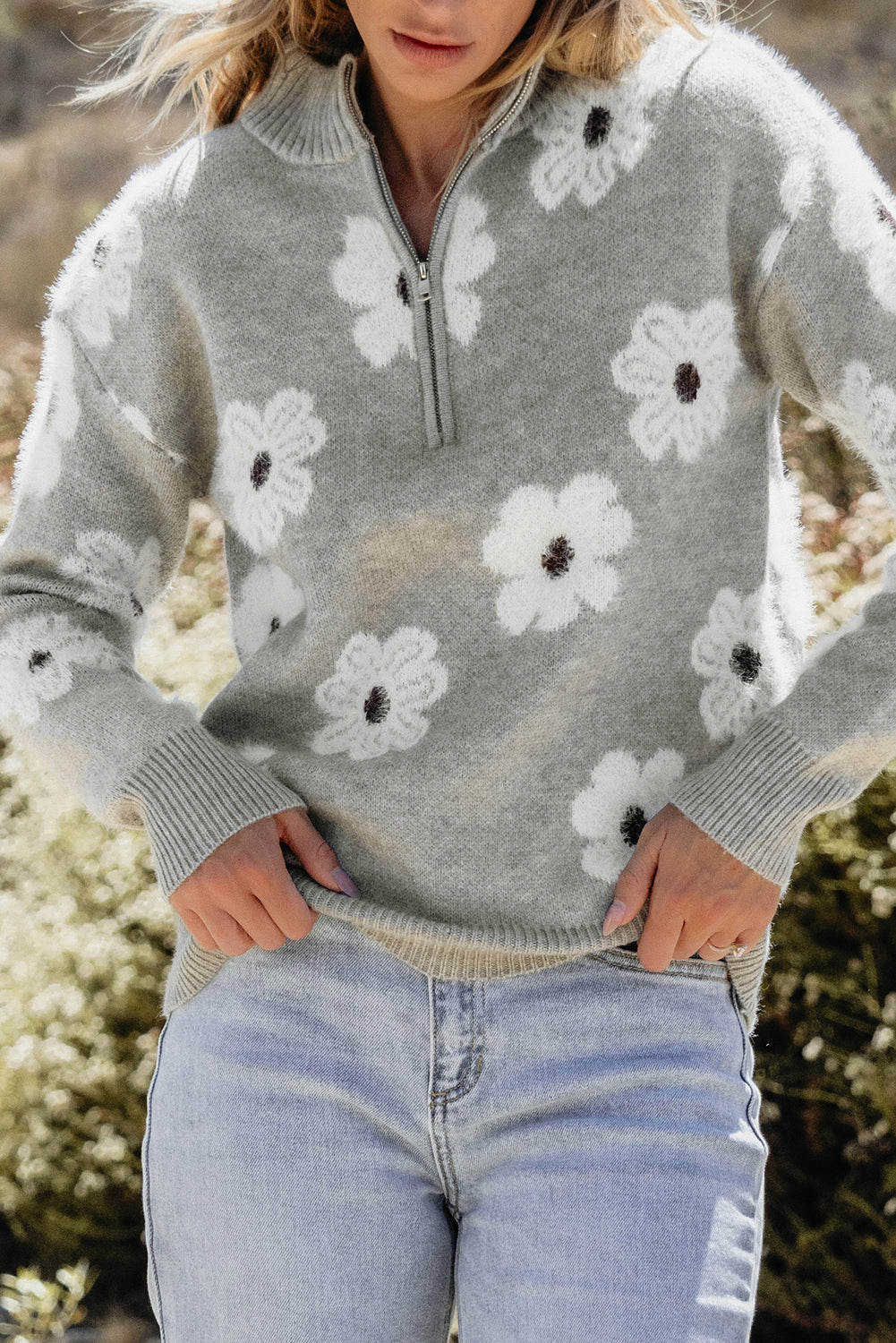 Gray Floral Pattern Half Zip Drop Shoulder Sweater Sweaters JT's Designer Fashion