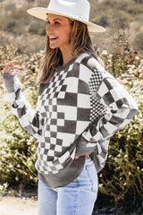 Gray Checkered Print Drop Shoulder Round Neck Sweater Sweaters JT's Designer Fashion
