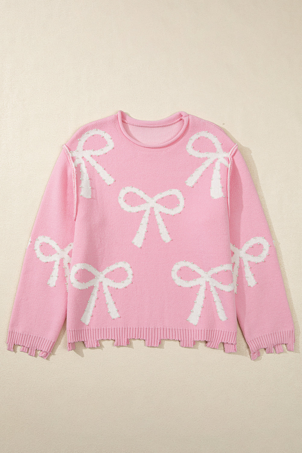 Pink Pearl Beaded Bowknot Pattern Distressed Split Hem Sweater Sweaters JT's Designer Fashion