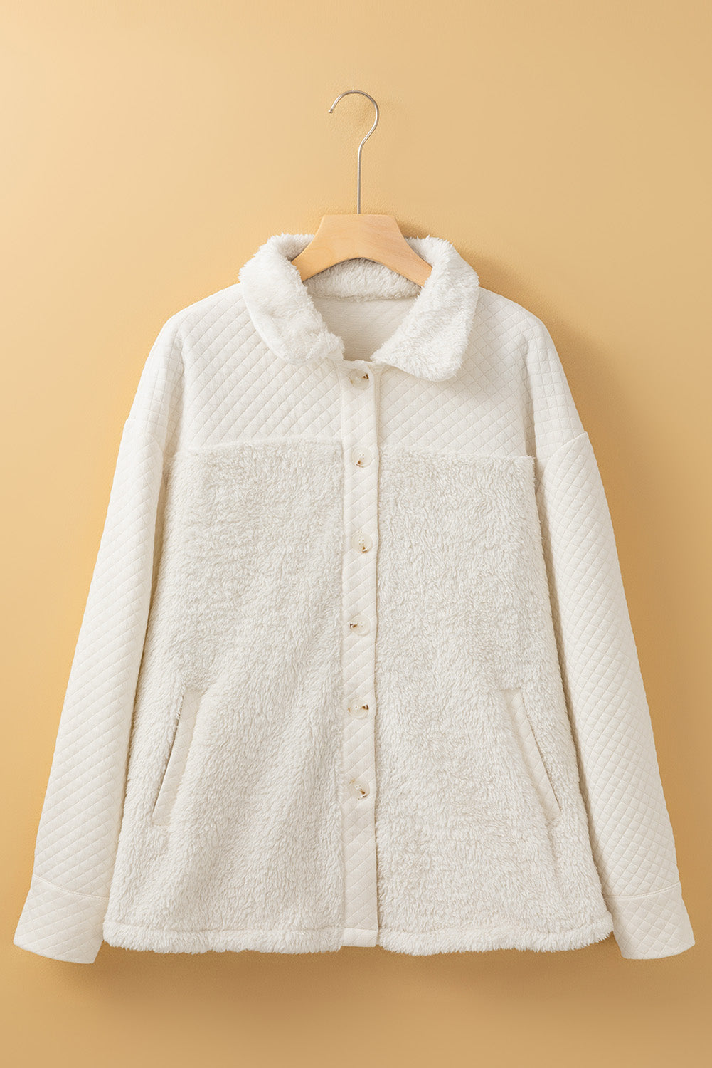 White Solid Color Quilted Sherpa Patchwork Button Up Shacket Jackets JT's Designer Fashion