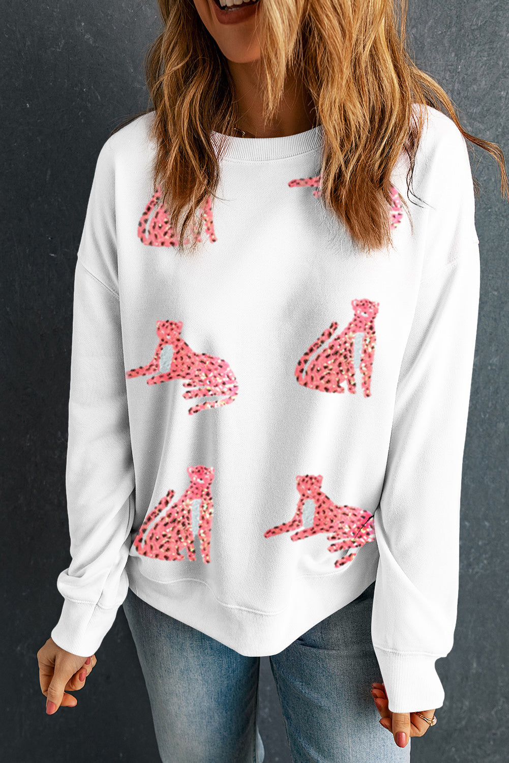 Beige Sequin Cheetah O Neck Drop Shoulder Sweatshirt Graphic Sweatshirts JT's Designer Fashion
