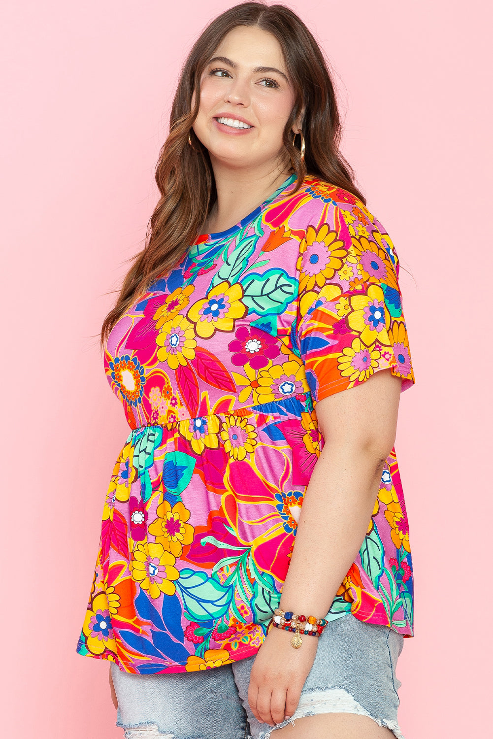 Pink Floral / Geometric Print Short Sleeve Plus Size Babydoll Blouse Plus Size JT's Designer Fashion