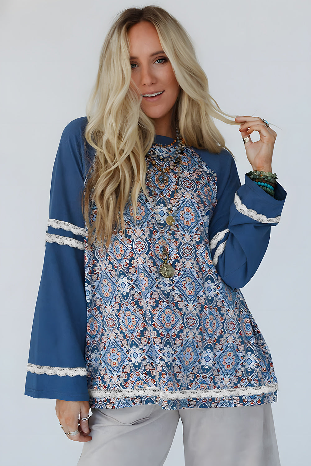 Blue Geometric Printed Lace Patchwork Ric Rac Raglan Long Sleeve Top Long Sleeve Tops JT's Designer Fashion