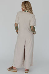 Jet Stream Half Placket Chest Pockets Short Sleeve Wide Leg Jumpsuit Bottoms JT's Designer Fashion