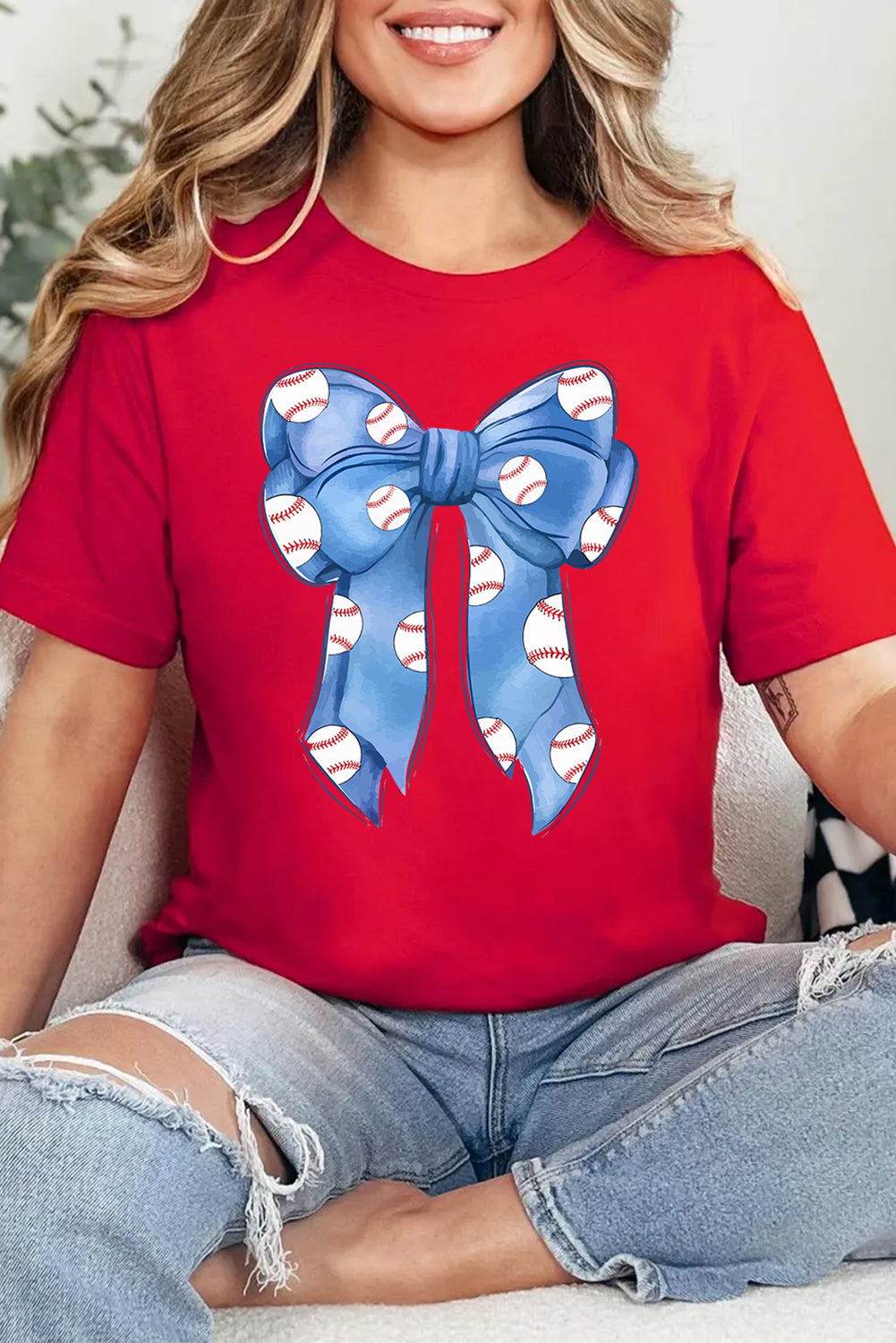 Red Rugby Bowknot Graphic Crew Neck Tee Graphic Tees JT's Designer Fashion