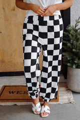 Black Checkerboard Elastic Waist Pocketed Joggers Pants & Culotte JT's Designer Fashion