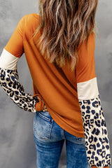 Brown Leopard Sequin Patchwork Long Sleeve Top Long Sleeve Tops JT's Designer Fashion