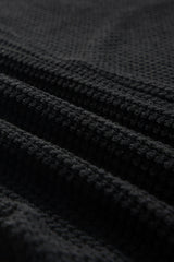 Black Waffle Knit Side Slits Loose Fit V Neck Top Long Sleeve Tops JT's Designer Fashion
