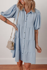 Beau Blue Shirt Collar Button Up Short Puff Sleeve Tiered Shift Dress Mini Dresses JT's Designer Fashion