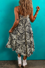 Khaki Tropical Palm Print Wrapped V Neck Spaghetti Straps Tiered Dress Midi Dresses JT's Designer Fashion