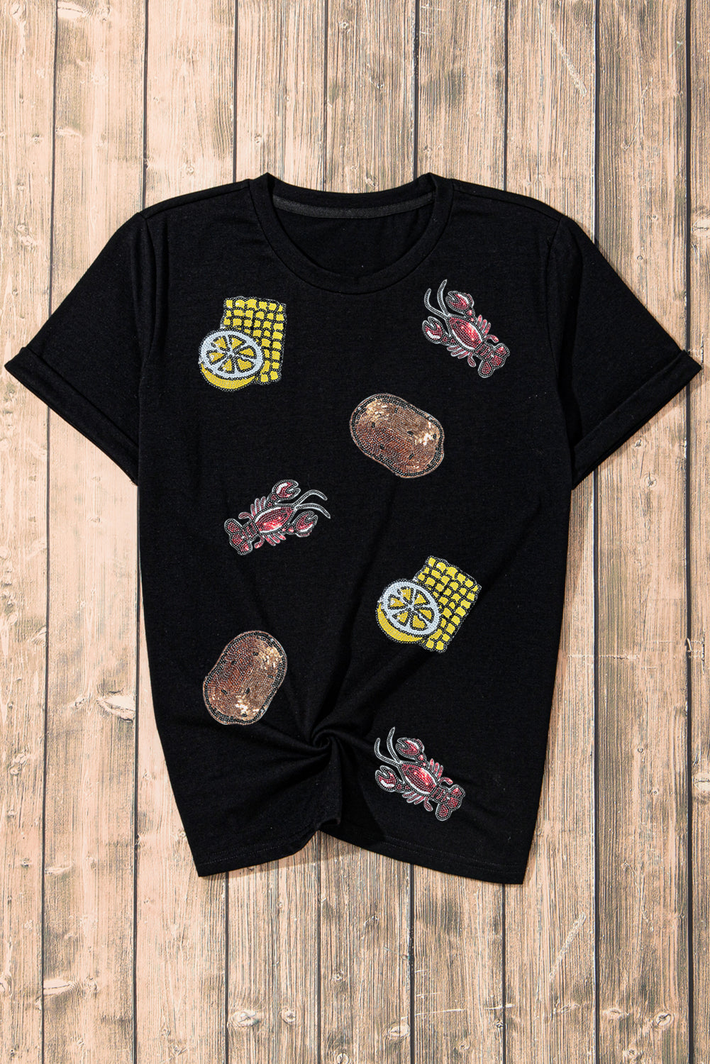 Black Sequin Crawfish Potato Lemon Corn Graphic Crewneck T Shirt Graphic Tees JT's Designer Fashion
