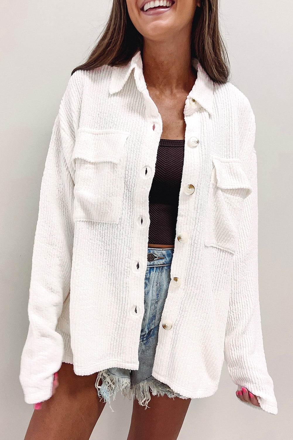 White Solid Color Corduroy Buttoned Long Sleeve Jacket Jackets JT's Designer Fashion