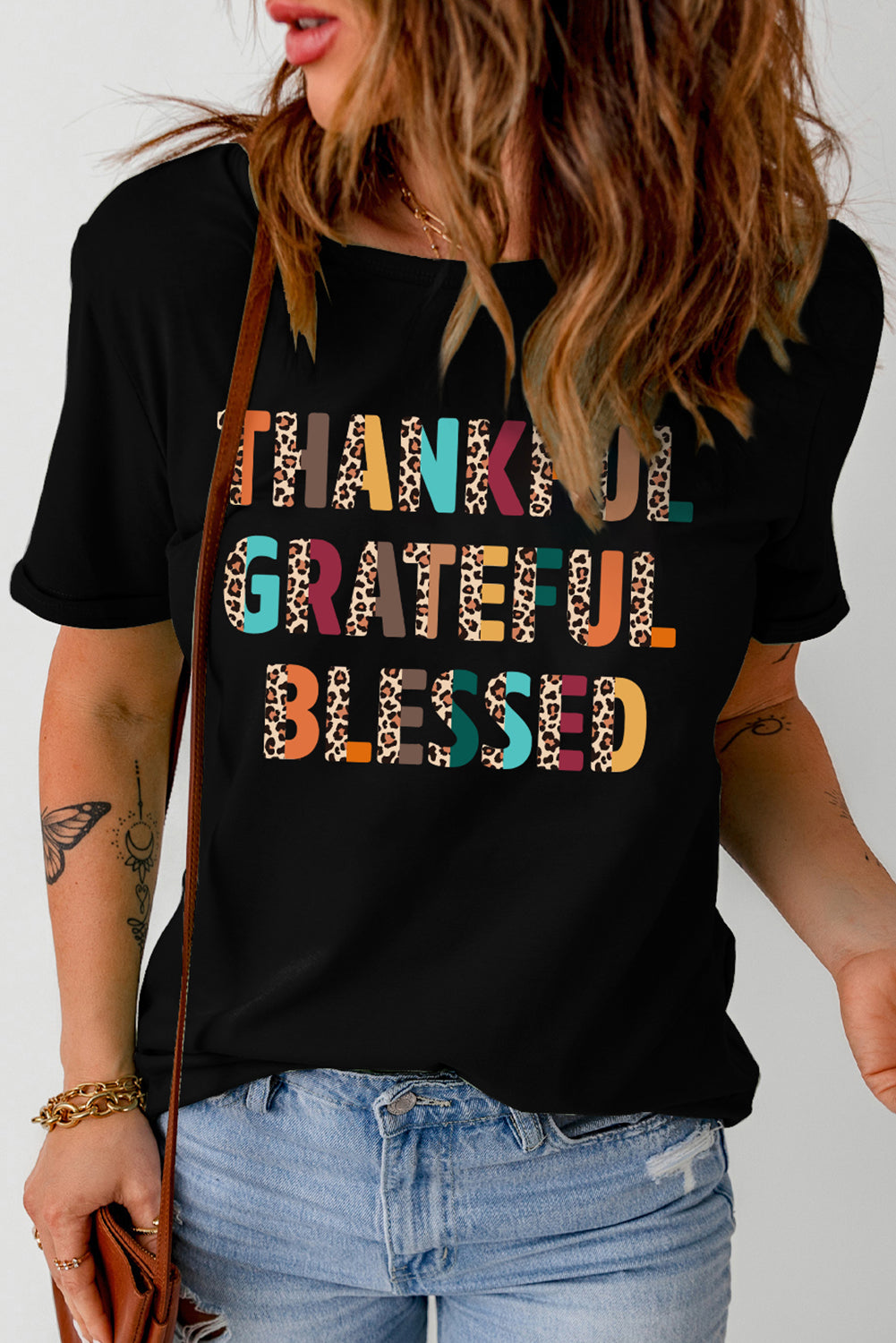 Black Thankful Grateful Blessed Leopard Print Crewneck T Shirt Graphic Tees JT's Designer Fashion