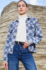 Light Blue Checkered Patchwork Button up Denim Jacket Denim Jackets JT's Designer Fashion
