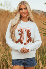 White Embroidered Bow Boots Graphic Drop Shoulder Sweater Sweaters JT's Designer Fashion
