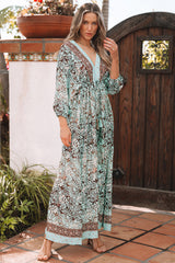 Green Boho Floral Print Lace-up Open Back High Waist Maxi Dress Floral Dresses JT's Designer Fashion