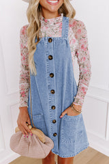 Beau Blue Wide Strap Button Front Pocketed Denim Mini Dress Mini Dresses JT's Designer Fashion