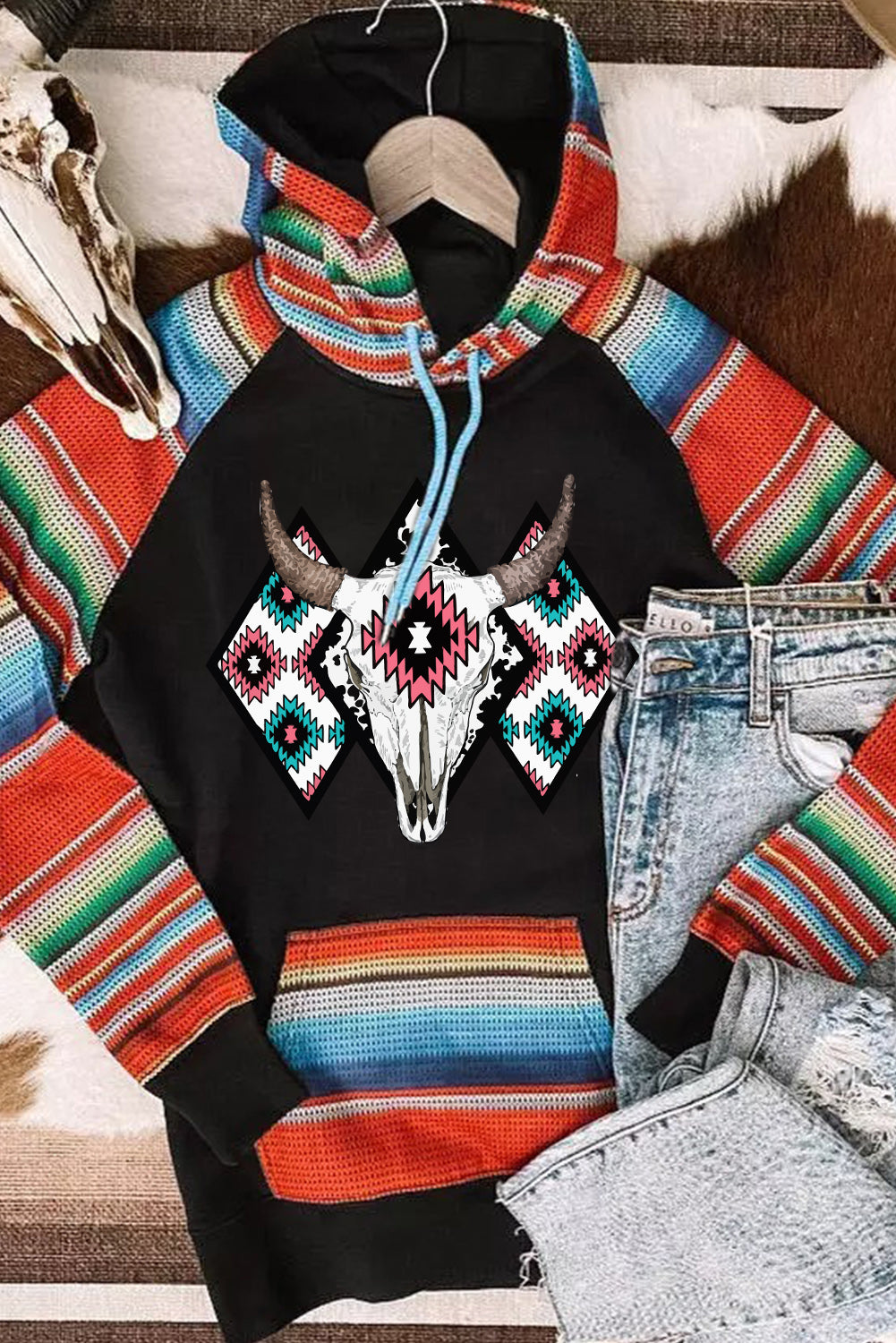 Multicolor Western Steer Head Aztec Serape Patchwork Pocketed Hoodie Graphic Sweatshirts JT's Designer Fashion