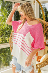 Strawberry Pink Striped Patchwork V Neck Knitted Loose Top Sweaters & Cardigans JT's Designer Fashion