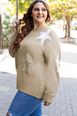 Khaki Star Pattern Drop Shoulder Plus Size Sweater Plus Size Sweaters & Cardigans JT's Designer Fashion