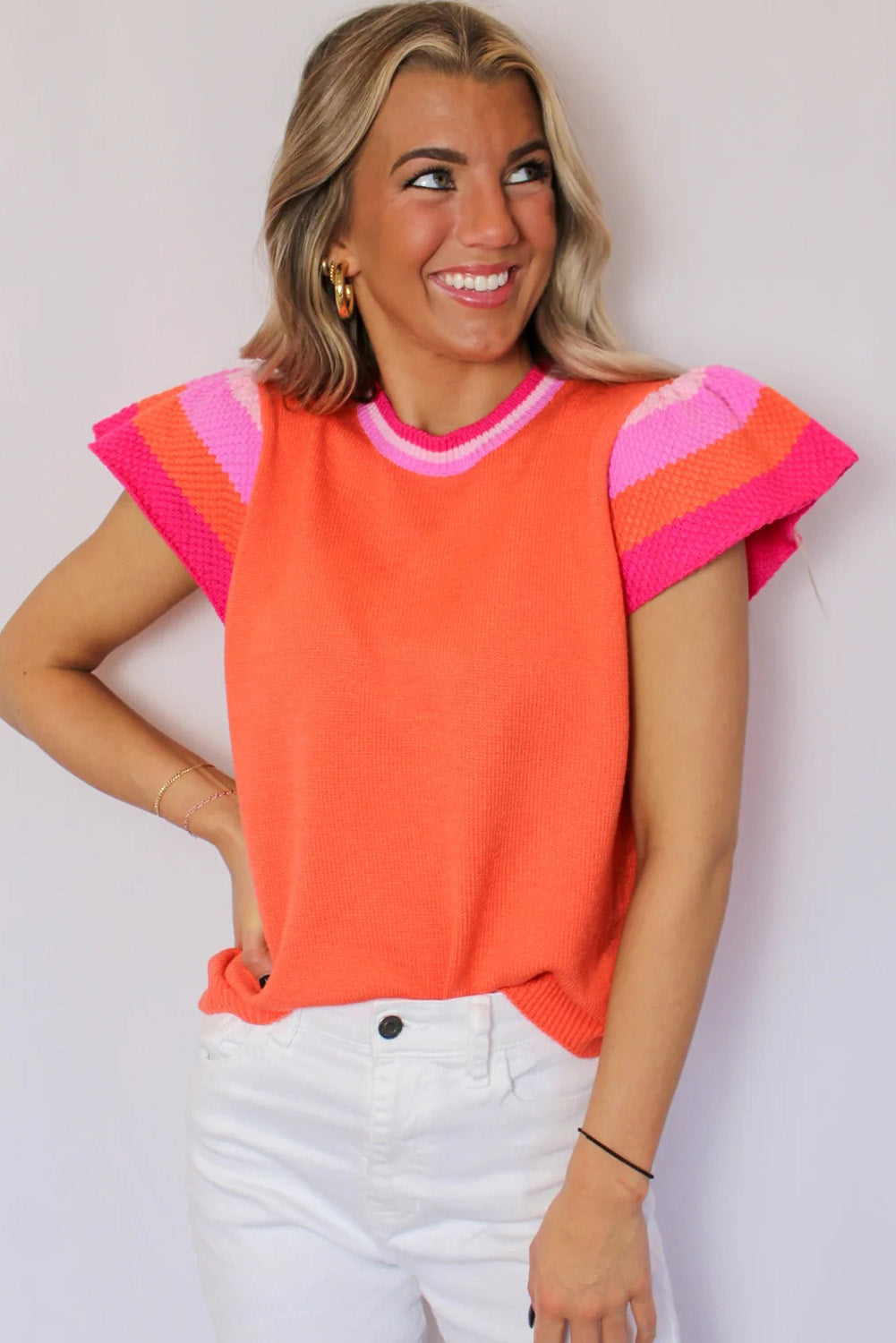 Carrot Knitted Contrast Sleeve Round Neck Tee Sweaters & Cardigans JT's Designer Fashion