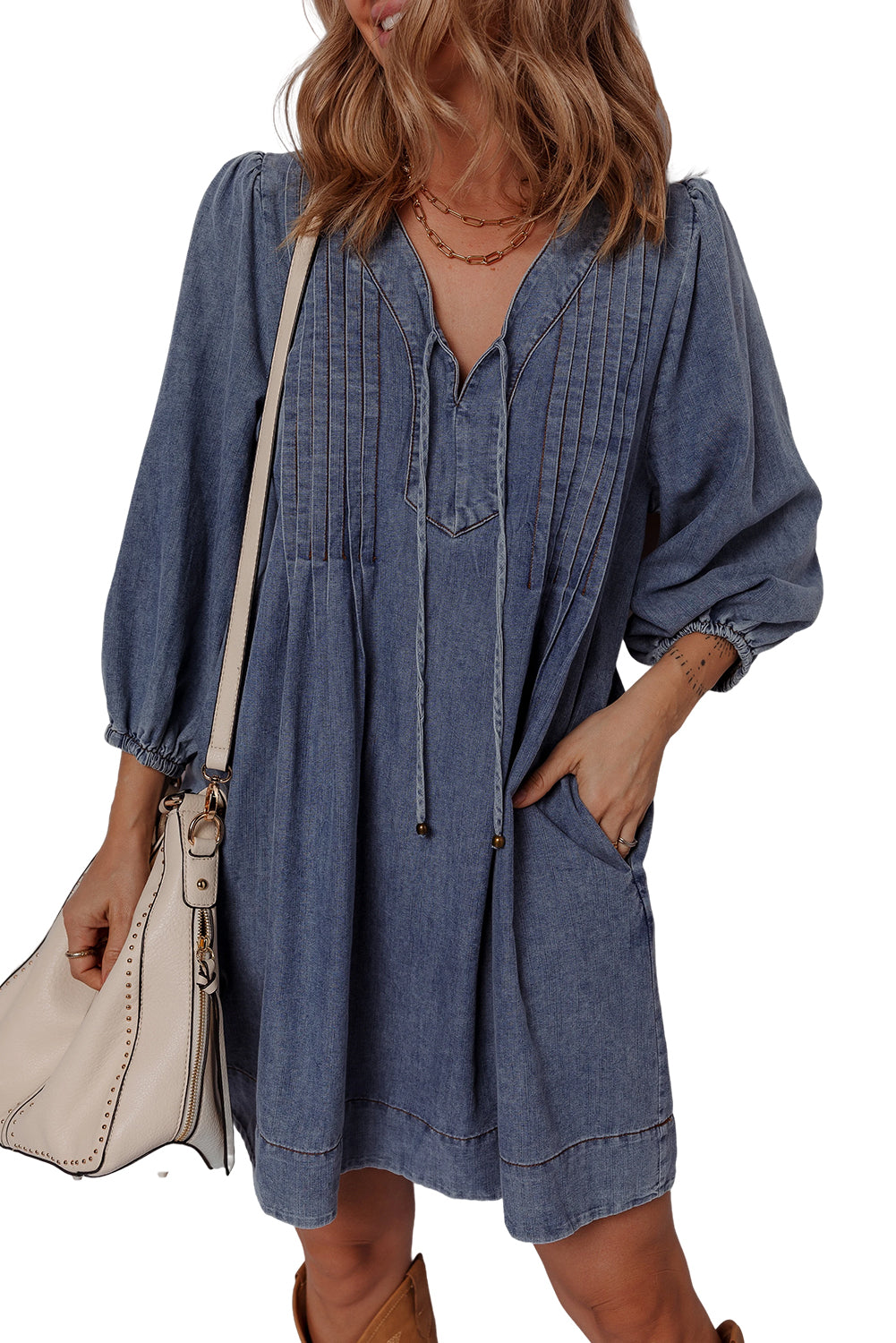 Sail Blue 3/4 Sleeve Tied V Neck Pleated Denim Mini Dress JT's Designer Fashion
