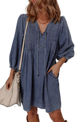 Sail Blue 3/4 Sleeve Tied V Neck Pleated Denim Mini Dress JT's Designer Fashion