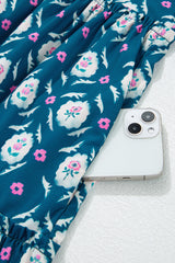 Blue Retro Floral Print Split Neck Ruffle Short Sleeve Dress Floral Dresses JT's Designer Fashion