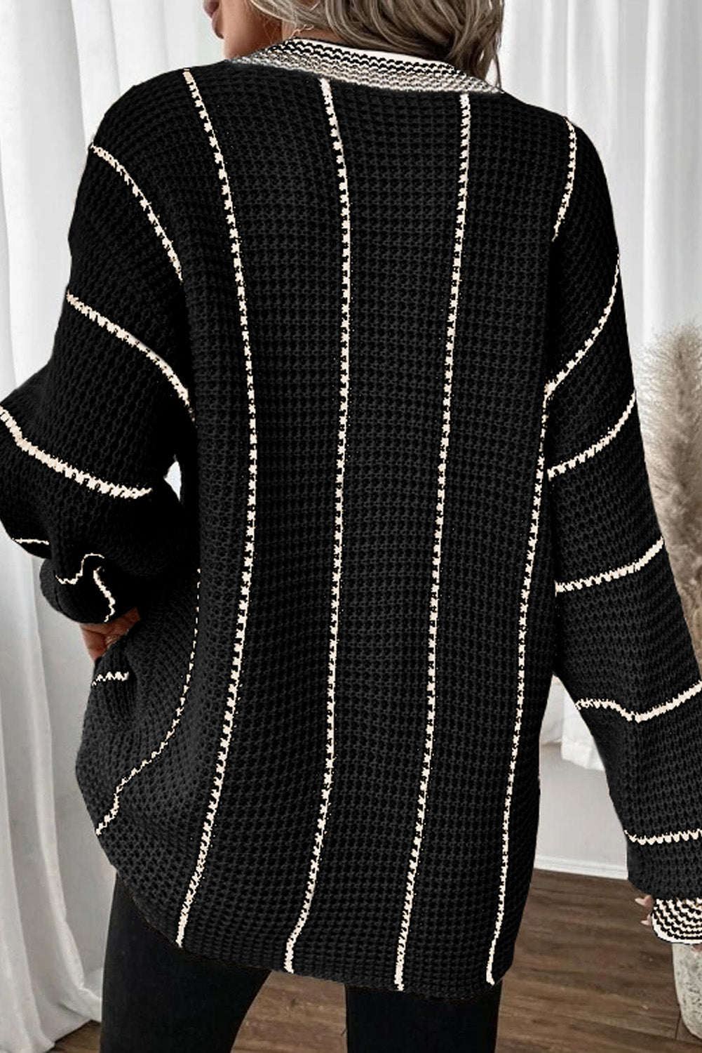 Black Colorblock Striped V Neck Knitted Loose Sweater Sweaters JT's Designer Fashion