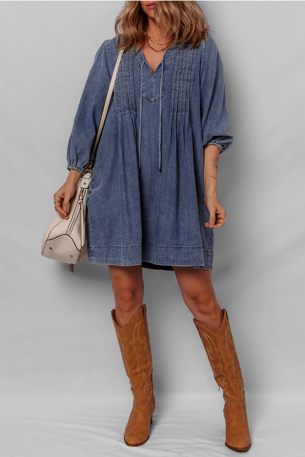 Sail Blue 3/4 Sleeve Tied V Neck Pleated Denim Mini Dress JT's Designer Fashion