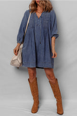 Sail Blue 3/4 Sleeve Tied V Neck Pleated Denim Mini Dress JT's Designer Fashion