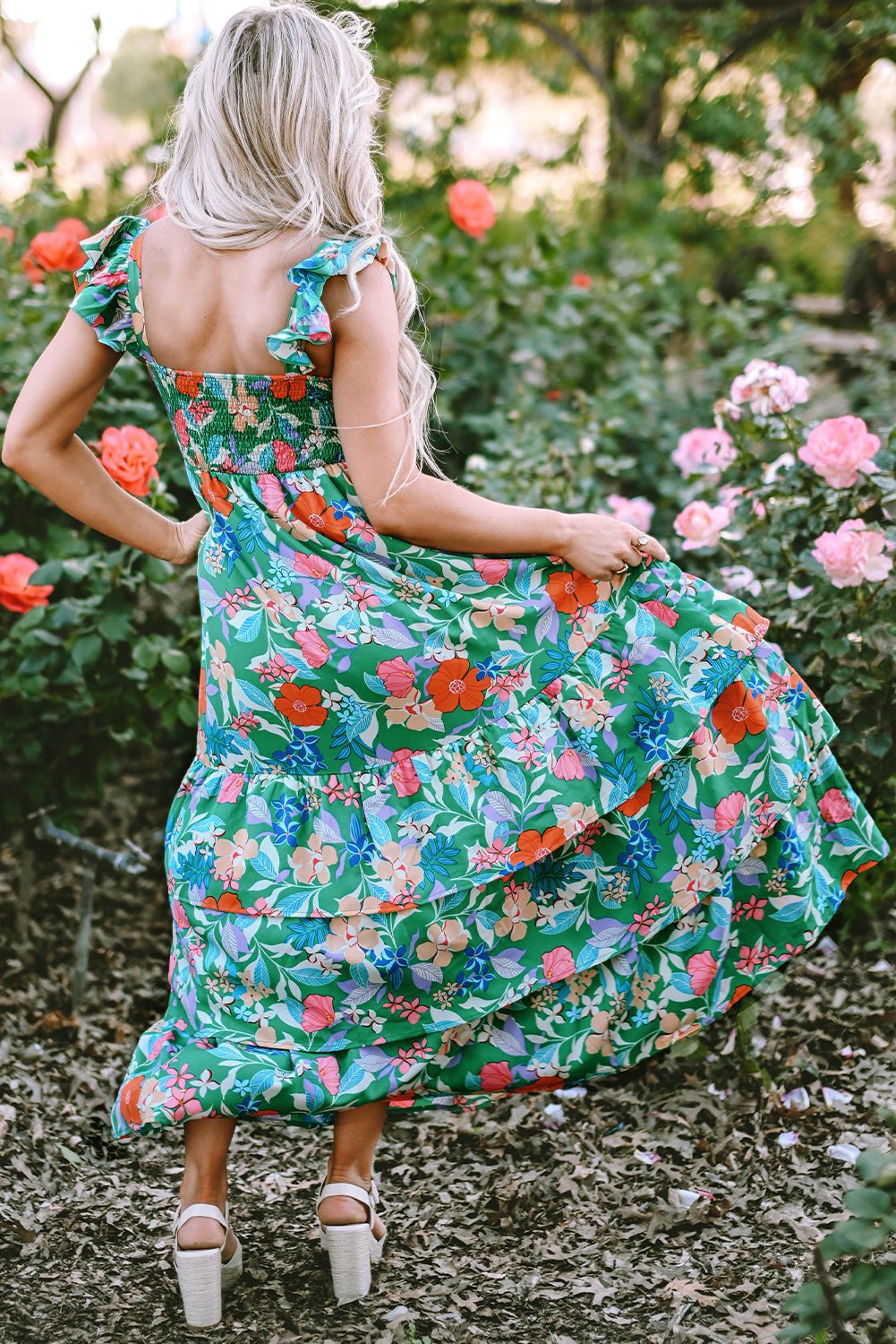 Green Floral Print Sleeveless Ruffle Tiered Maxi Dress Floral Dresses JT's Designer Fashion