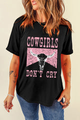 Black COWGIRL DONT CRY Steer Head Print Short Sleeve Top Graphic Tees JT's Designer Fashion