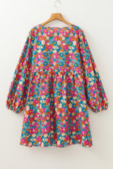 Sky Blue Plus Size Floral Print Shirred Ruffle Tiered Mini Dress Plus Size Mini Dresses JT's Designer Fashion
