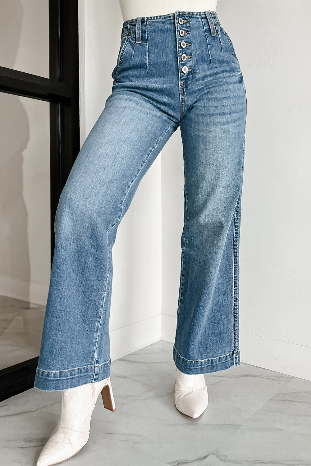 Dusk Blue Multi Buttons Medium Wash Straight Loose Leg Jeans Jeans JT's Designer Fashion