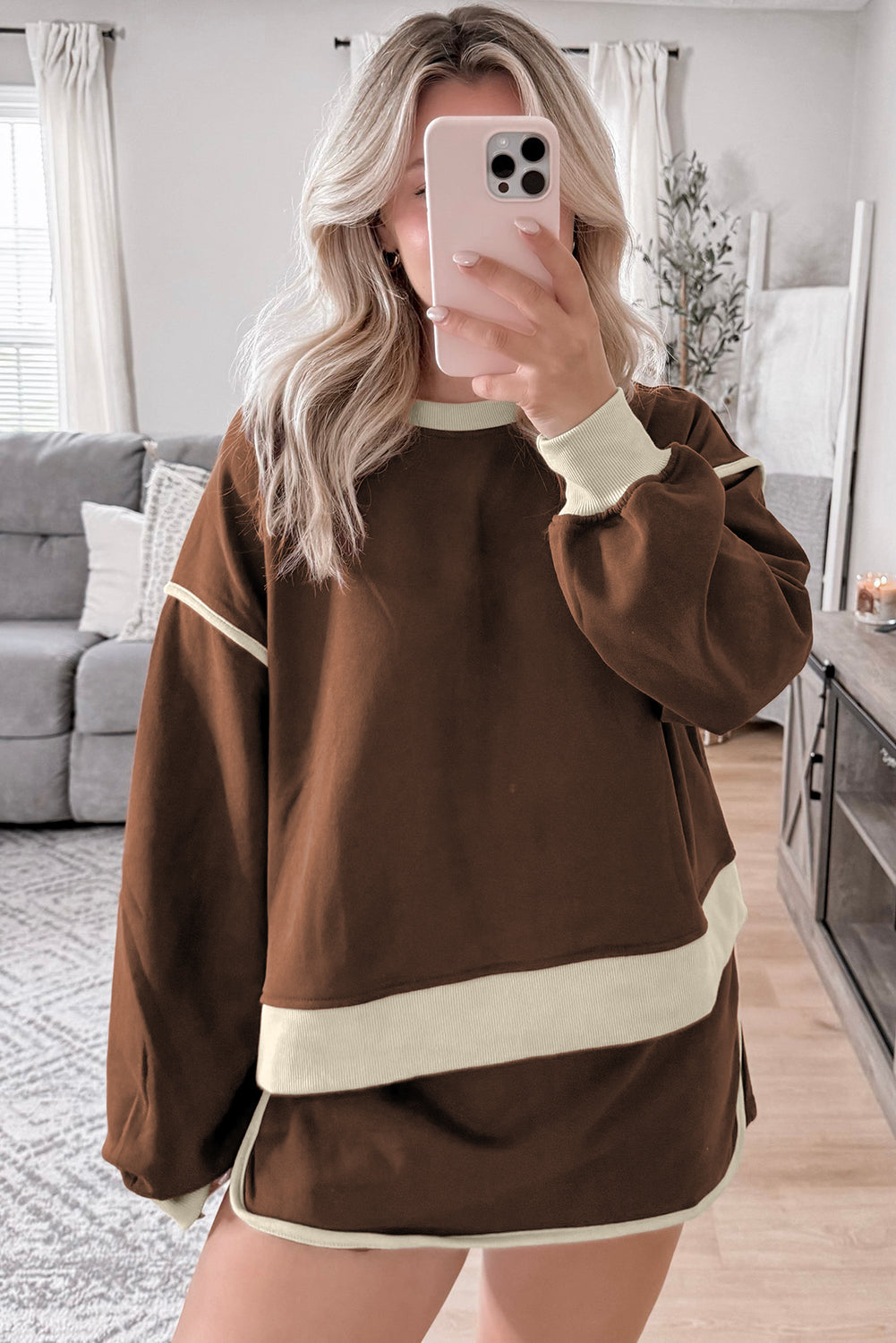 Coffee Color Contrast Loose Pullover and Lace-up Waist Skort Set Two Piece Dresses JT's Designer Fashion