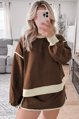 Coffee Color Contrast Loose Pullover and Lace-up Waist Skort Set Two Piece Dresses JT's Designer Fashion