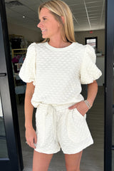 White Solid Color Checkered Texture Short 2pcs Outfit Short Sets JT's Designer Fashion