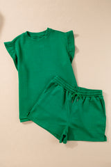 Dark Green Textured Ruffle Split Top and Drawstring Shorts Short Sets JT's Designer Fashion