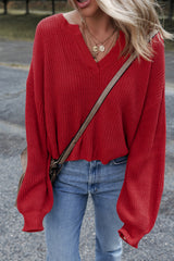 Racing Red Solid Textured Knit V Neck Drop Shoulder Sweater Sweaters JT's Designer Fashion