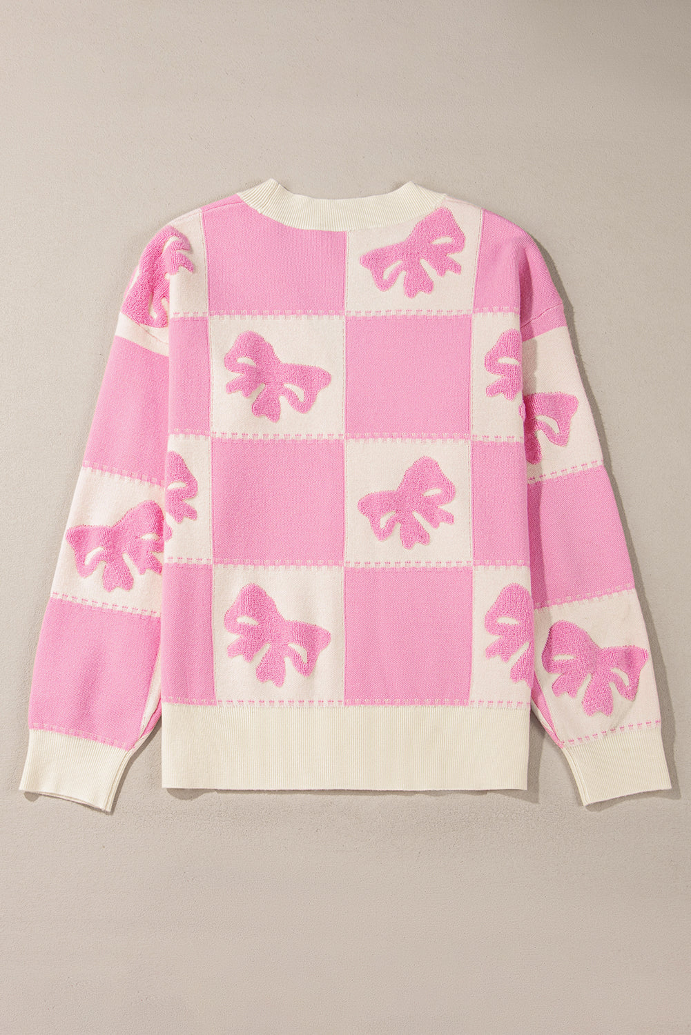 Pink Bowknot Checkered Pattern V Neck Drop Shoulder Button Up Cardigan Cardigans JT's Designer Fashion