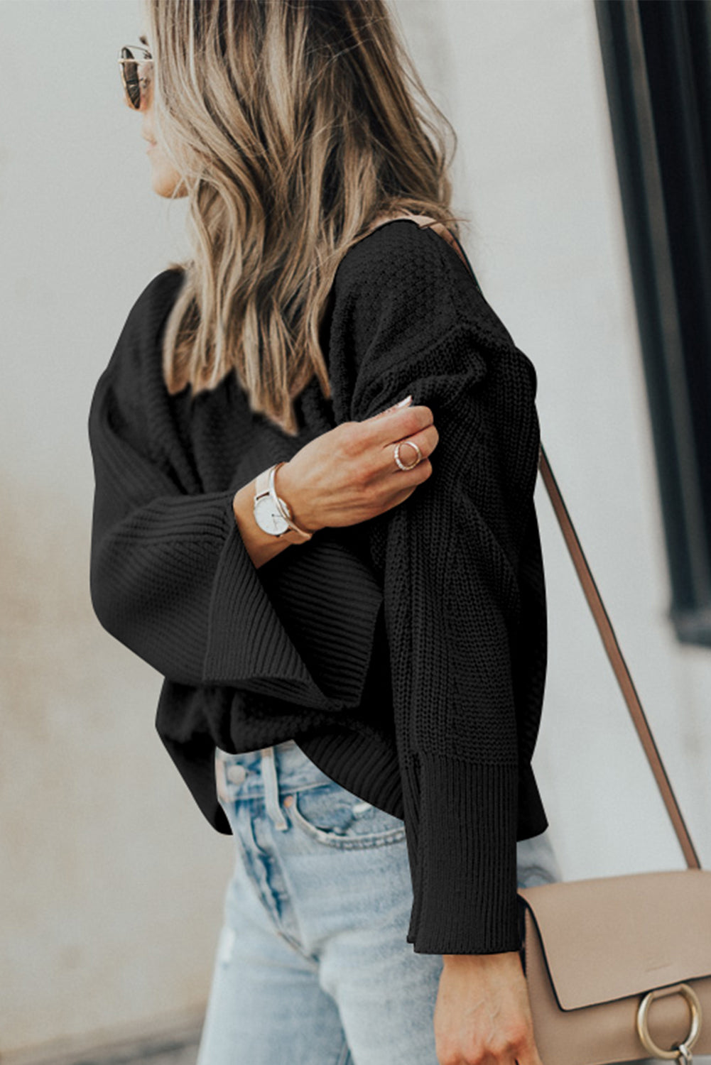 Black Solid Textured Knit Split Cuff Drop Shoulder Loose Sweater Sweaters JT's Designer Fashion