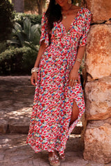 Red Floral Half Sleeve Deep V Neck Cutout Back Split Maxi Dress Floral Dresses JT's Designer Fashion