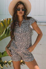 Brown Leopard Half Zipper Collared Ruffled Sleeve Top and Short Set Short Sets JT's Designer Fashion