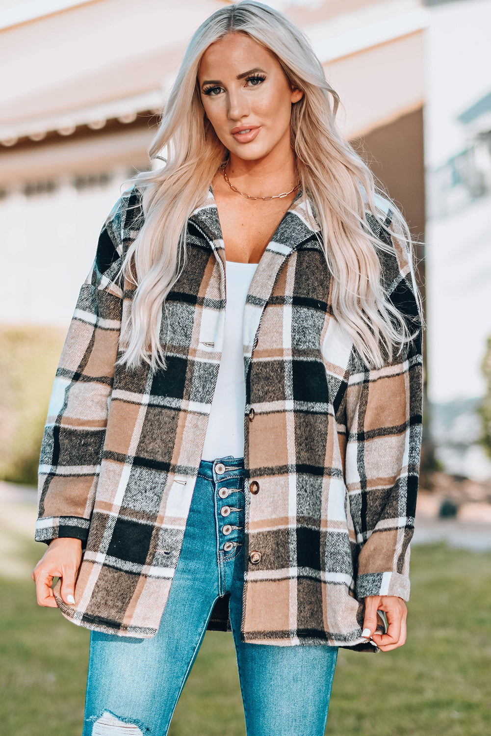 Plaid Print Buttoned Shirt Jacket Yellow over $11.5 Plaid Shackets JT's Designer Fashion